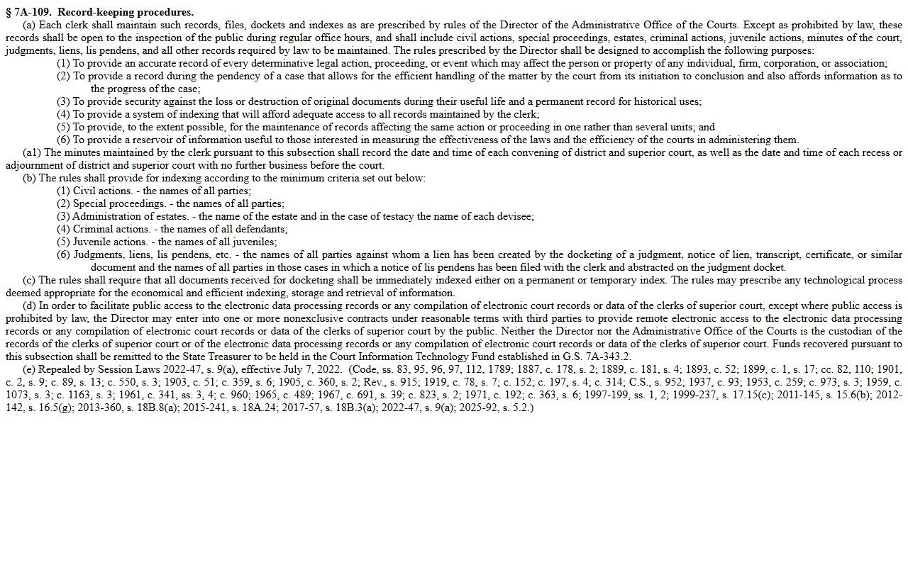 Wayne County Clerk of Superior Court record keeping statute