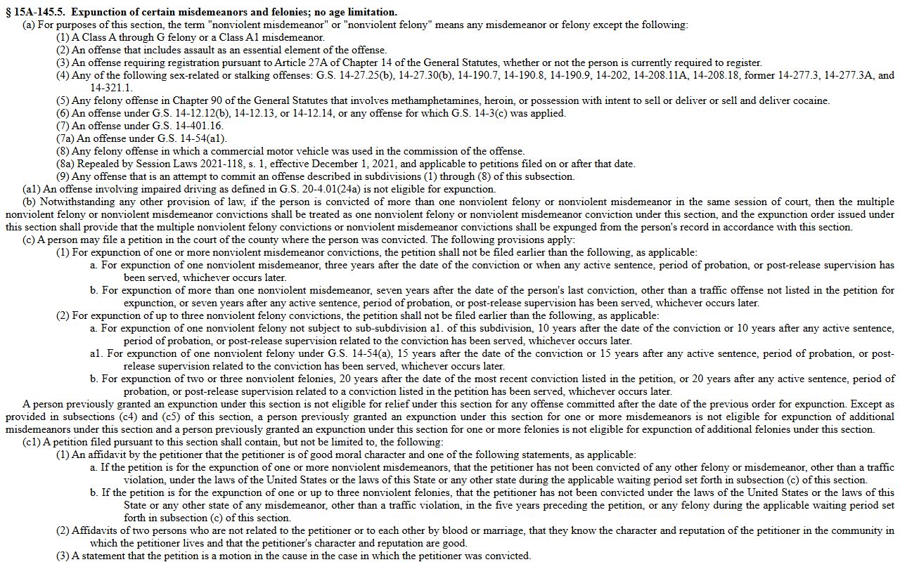 Wayne County criminal court records G.S. 15A-145.5 expunction framework