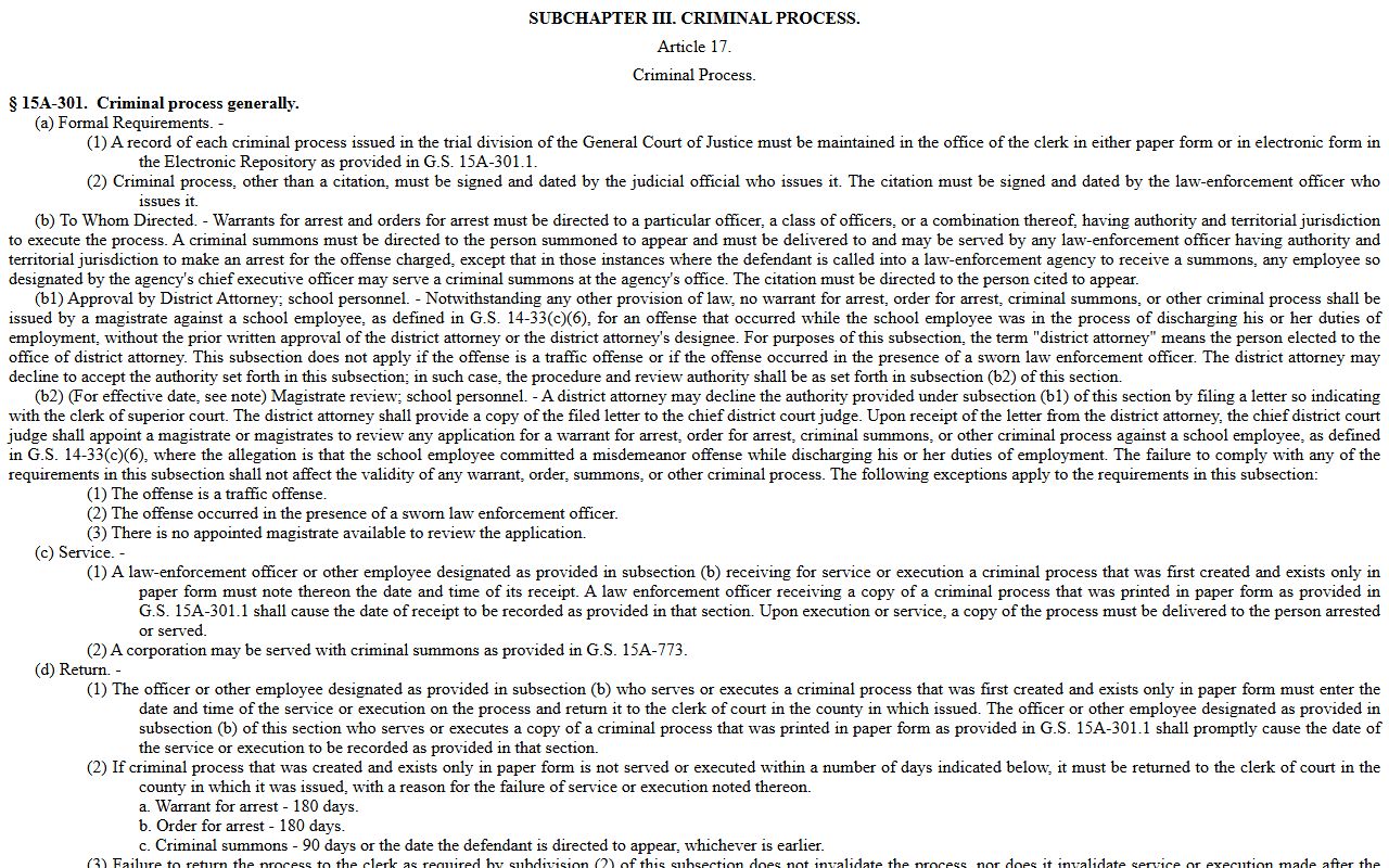Wayne County criminal court records G.S. 15A-301 criminal process