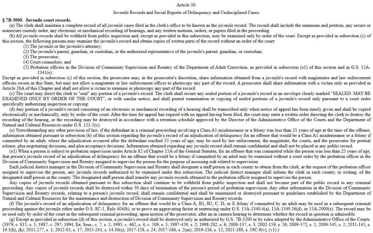 Wayne County criminal court records G.S. 7B-3000 juvenile confidentiality