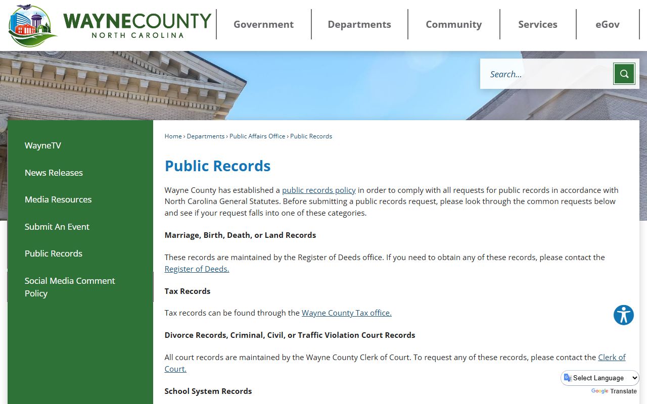 Wayne County court records public-records routing page