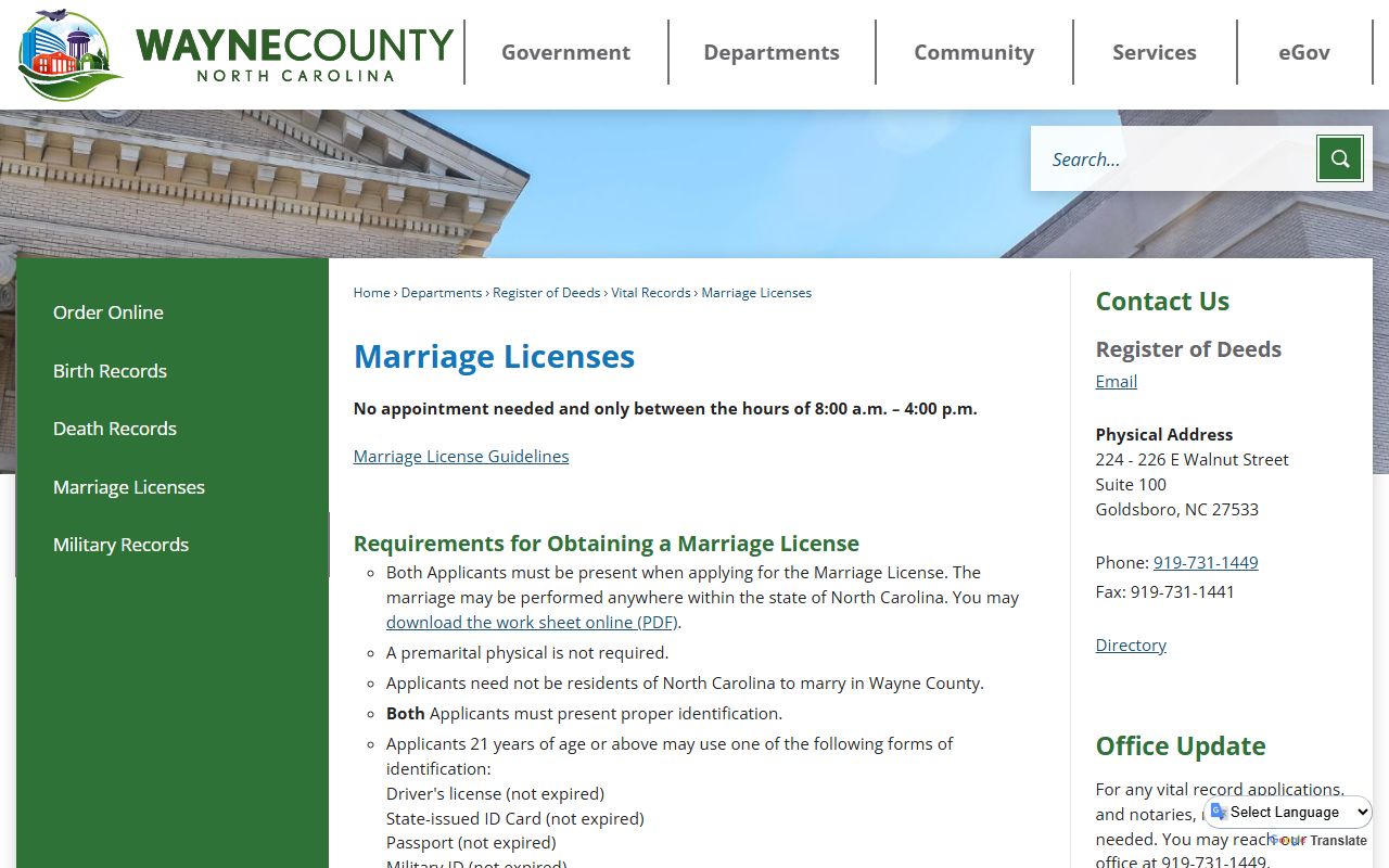 Wayne County marriage records license instructions