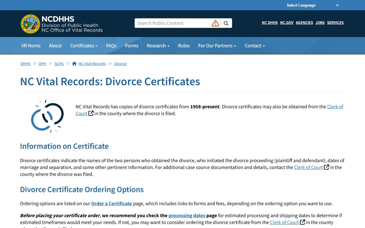 Wayne County divorce records N.C. Vital Records certificate page