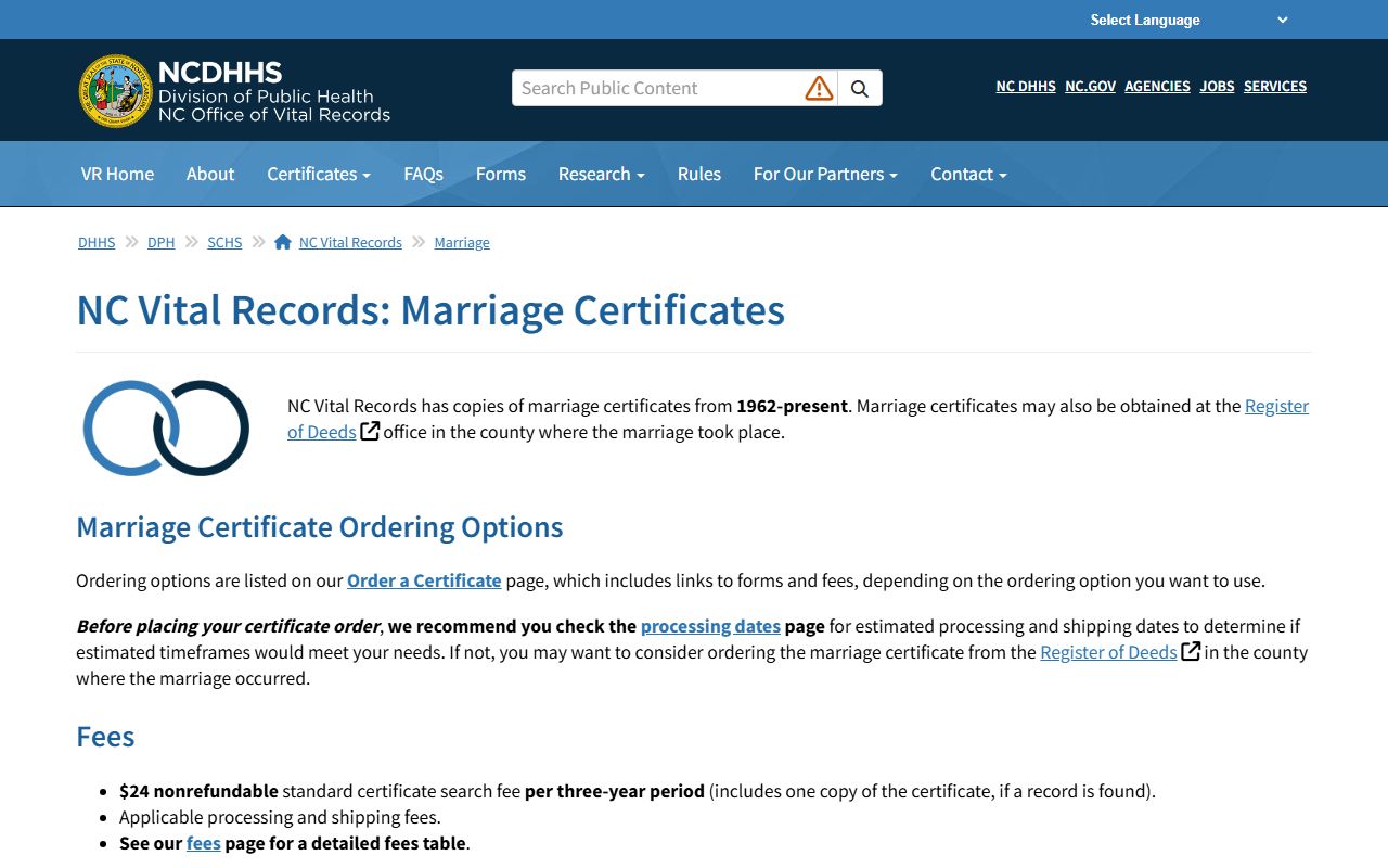 Wayne County marriage records N.C. Vital Records certificate page
